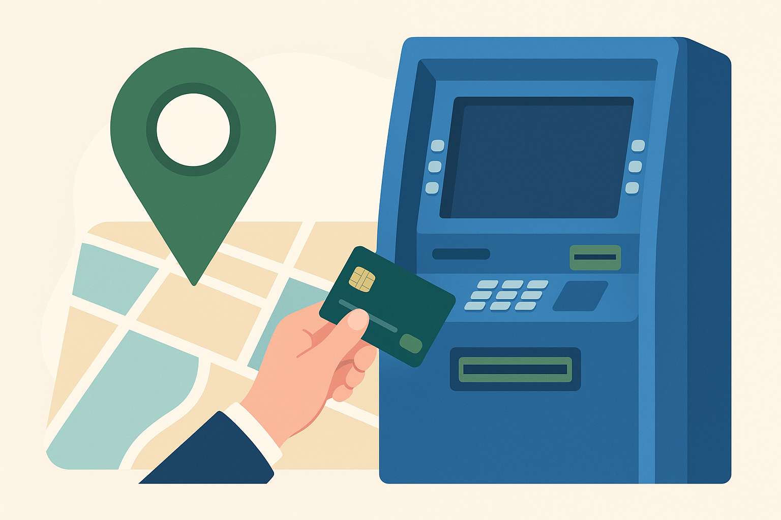 A person using a credit card at a modern ATM beside a map with a location pin, symbolizing mobile banking and finding nearby ATMs
