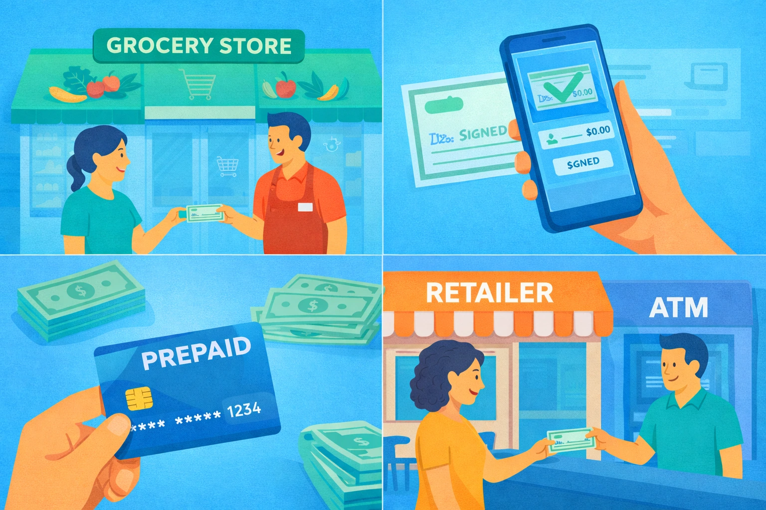 illustration showing ways to cash a check without a bank account using grocery stores, mobile apps, prepaid cards, and retailers