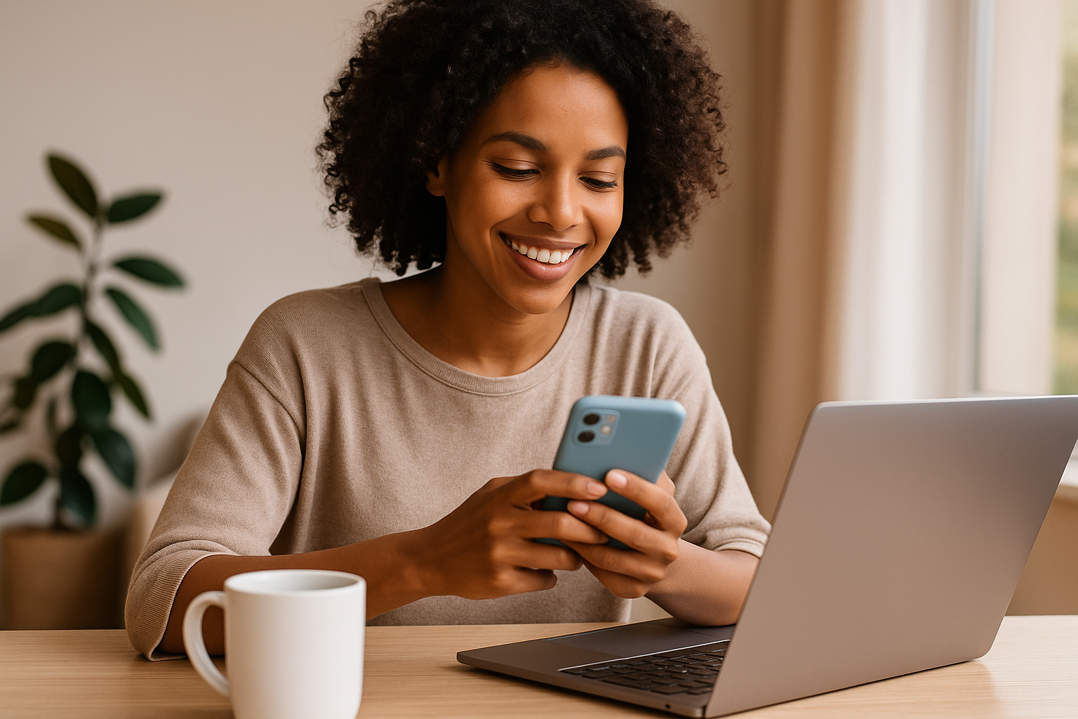 Person using smartphone for mobile banking beside laptop and debit card, representing simple banking habits to save money