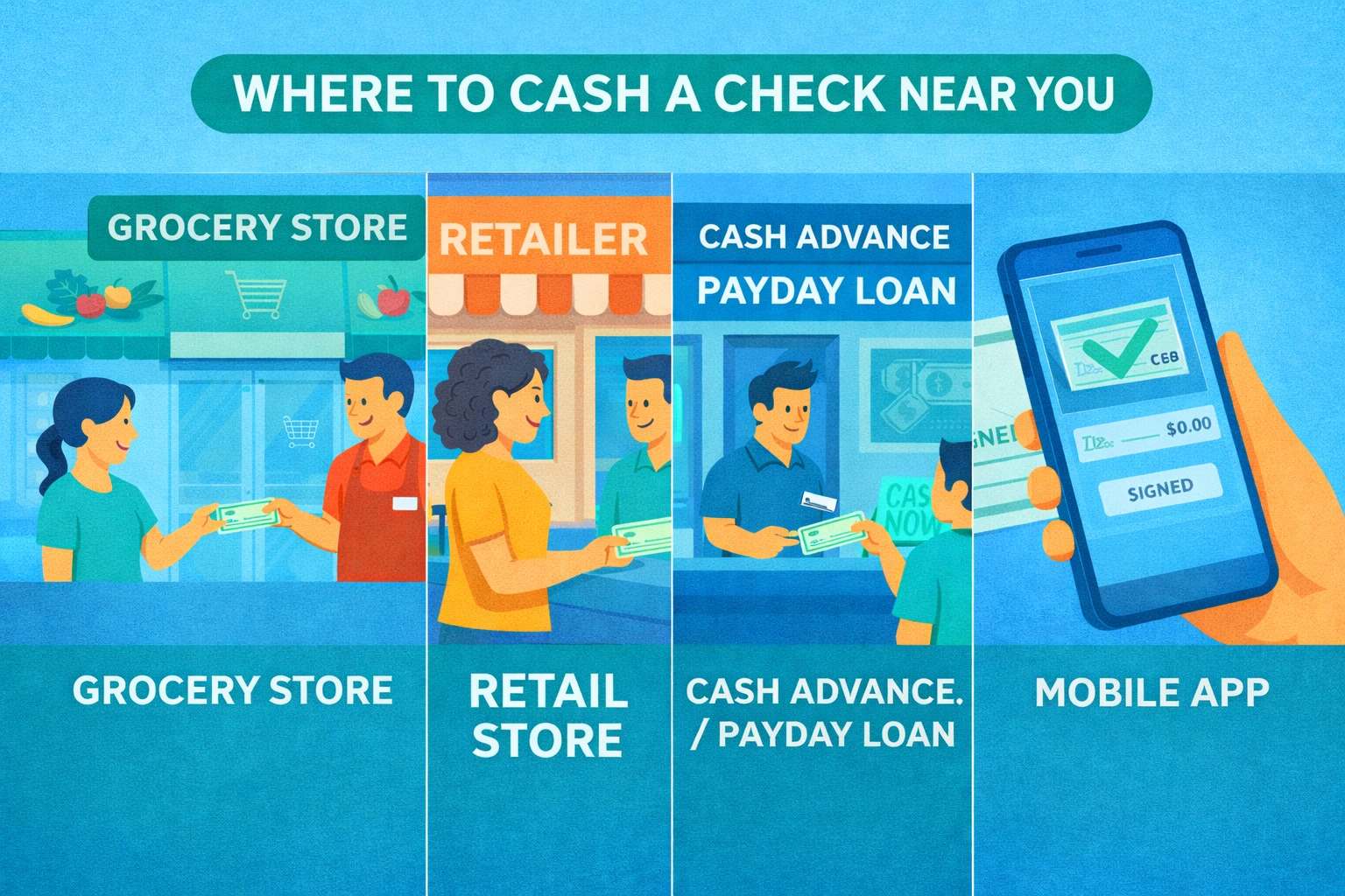 Examples of places where you can cash a check including stores and mobile apps