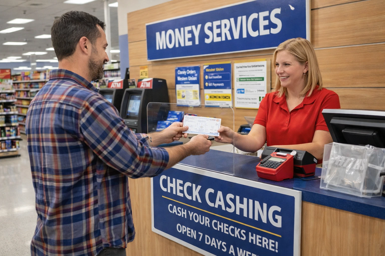 customer cashing a paycheck at a grocery store money services counter